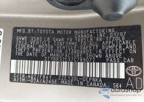 2007 Toyota Corolla Le z USA, uszkodzony, nr VIN 2T1BR32EX7C789072